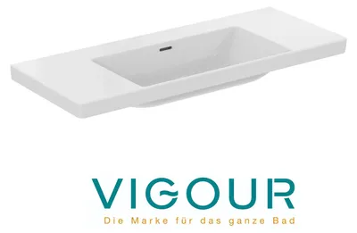 Produktbild von VIGOUR derby V3 Möbelwaschtisch 120x48cm mit seitlichen Ablagen ohne Hahnloch mit Überlauf PflegetectPlus, weiß