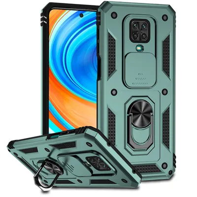 Immagine prodotto di Custodia per Xiaomi Redmi Note 9S/9 Pro/9 Pro Max a doppio strato con copertura scorrevole della fotocamera e supporto ad anello verde