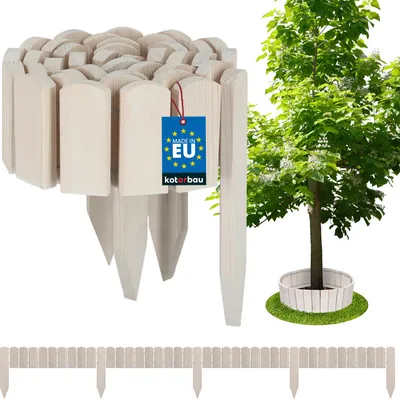 A roll of wooden garden edging and a small tree surrounded by a similar edging.