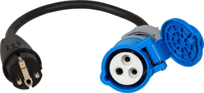 A black and blue electrical adapter with a black cable and a blue protective cover.