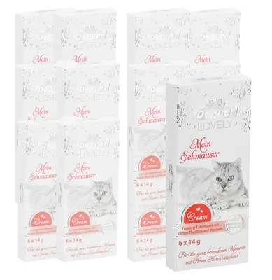 Produktbild von Dehner Premium Lovely Katzensnack, Ergänzungsfutter cremig / glutenfrei / zuckerfrei, für ausgewachsene Katzen, Thunfisch / Muscheln, 12 x 84 g