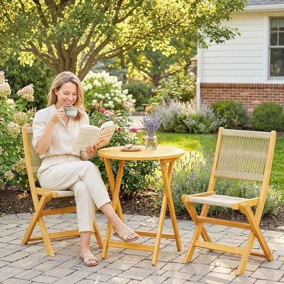 Produktbild von SUGIFT Balkonmöbel Set 3-teilig klappbar, Gartenmöbel Polyrattan Akazienholz, Bistro-Set atmungsaktiv, Naturholz | 55x48x88 cm | 14,5 kg | 2 Personen