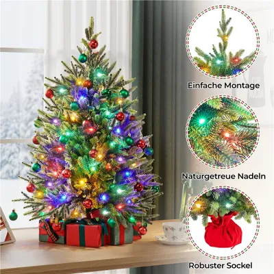 A decorated artificial Christmas tree with lights and ornaments, placed on a table with gift boxes underneath. The image also includes close-up marketing shots highlighting features.