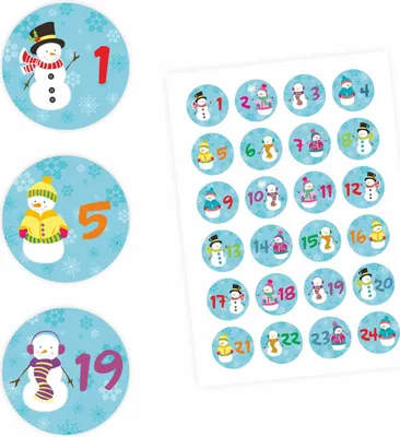Produktbild von 24 Adventskalender Zahlen Aufkleber Schneemann - rund 4 cm Ø - Sticker Weihnachten zum basteln dekorieren DIY