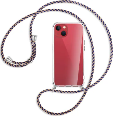 Produktbild von Handykette Backcover-Schutzhülle mit Band (Metall silberfarben) für Apple iPhone 13 - blau+beige