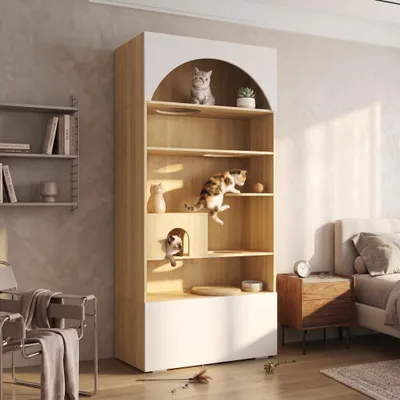Produktbild von STILVORA Haustierschrank mit Katzenkletterwand und Katzenhöhle, Katzenschrank mit Liegeflächen, Mehrzweckschrank mit Stauraum, KI-generiertes Bild