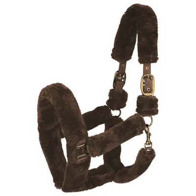 A brown fuzzy horse halter is shown against a white background.