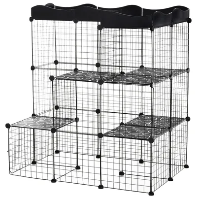 Image de PawHut Cage parc enclos pour petits animaux chats lapins modulable 3 niveaux 2 portes rampe fil métallique 105 x 70 x 116 cm noir