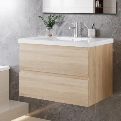 Produktbild von 80 cm Badmöbel-Set Unterschrank mit Mineralguss waschtisch 2 Schubladen soft-close Eiche Matt Selbstmontierter