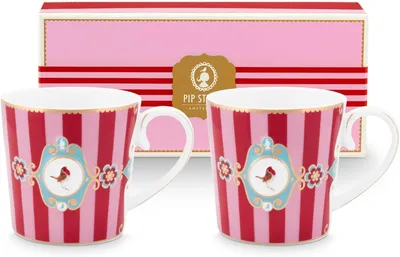 Produktbild von Henkelbecher Set Love Birds Medallion Streifen Rot-Rosa Groß 0,25l