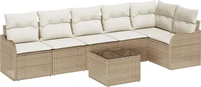 Image de Salon de jardin modulable 7 pièces, canapé d'extérieur en poly rotin tressé marron, cadre acier, 6 places, coussins inclus