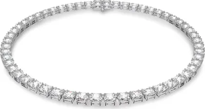 A diamond necklace on a white background.
