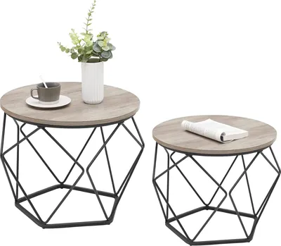 Produktbild von VASAGLE Beistelltisch, 2er-Set, Couchtisch, Sofatisch mit Korbfunktion, Satztisch, geometrisch, Stahlgestell, für Wohnzimmer, Schlafzimmer, grau