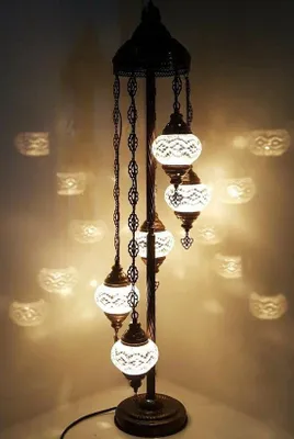 Obrázek produktu pro Turecká stojací lampa Mozaik 5 koulí – ručně vyrobená marocká lampa ze skla a kovu, výška 120 cm