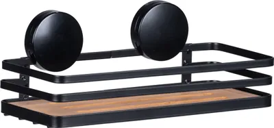 A black metal shelf with a wood-look bottom, mounted on a white background.