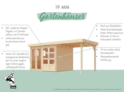 Produktbild von KARIBU Gartenhaus Baraya 6 Terragrau 19 mm Wandstärke Gartenhaus mit Anbaudach, Inklusive 2 4 Meter Anbaudach, Massivholz Fichte, Wetterschutz, Satteldach, Gartenhaus mit Seitendach