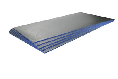 A stack of silver and blue insulation mats on a white background.