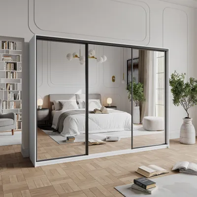 Produktbild von Masseno Schiebetürenschrank RIEN 270/205/60 cm Kleiderschrank mit Schubladen Schlafzimmer Schrank 3-türig mit Spiegel Weiß + Schwarz