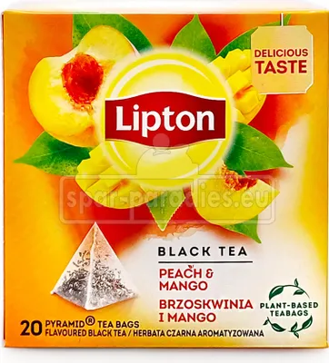 A box of Lipton Peach & Mango flavored black tea bags.