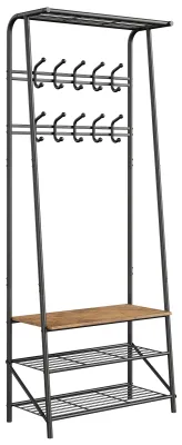 Zdjęcie produktu dla Wieszak do Przedpokoju z Siedziskiem i Półką na Buty 60 cm Garderoba Loft – Stojący Hall Tree z podwójnymi haczykami (Rustykalny Brąz / Czarny)