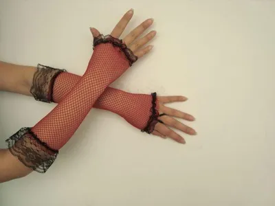 Produktbild von Netzhandschuhe Handschuhe Netz rot schwarz Lang Spitze Fingerling Finger Handschuh Fingerlos