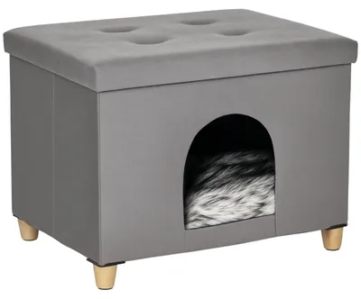 Produktbild von 2 IN 1 Katzenhöhle Fußhocker mit Kissen Holzbeine Katzenhaus | Für Katzen Innen Wohnzimmer