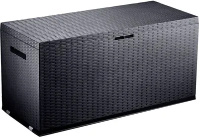 Produktbild von JELENIA PLAST Garten-Aufbewahrungsbox Polyrattan Nizza, 120x52x60 cm, anthrazit, mit Rädern, abschließbar, werkzeuglose Montage, für Kissen, Werkzeug, Spielzeug & 6 Stuhlauflagen, kratzunempfindlich, 100% recycelbar