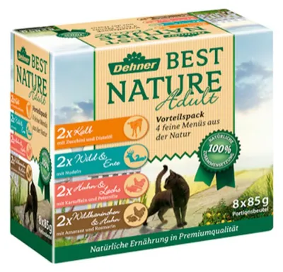 Produktbild von Dehner Best Nature Katzenfutter Multipack, Nassfutter, für ausgewachsene Katzen, je 2x Kalb / Wild / Huhn / Kaninchen 8 x 85 g Beutel (680 g)