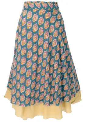 Produktbild von Langer Boho Wickelrock, Sommerrock, Maxirock - Taubenblau/gelb, Damen, Mehrfarbig, Baumwolle, Röcke