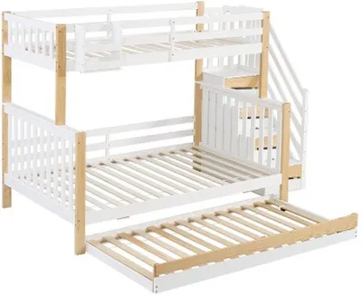 Produktbild von Kinderbett mit Sicherheitsgurten und Geländer, drei Schlafpositionen, Ausziehbett, Weiß und Natur.
