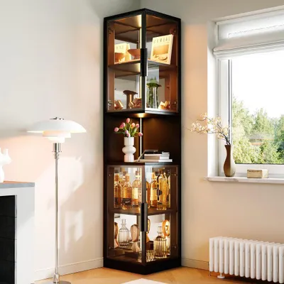 Produktbild von LED-Vitrinenschrank mit doppelten Glastüren und verspiegelter Rückwand, farbwechselnder Beleuchtung & Kippschutzvorrichtung, als Weinschrank, Schwarz