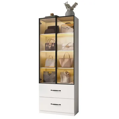 Produktbild von LED-Vitrine-Glasvitrine,Bücherregal und Multifunktionsschrank mit Beleuchtung und Schubladen,mit Aluminiumrahmen,Hartglastüren und mehrfarbige LED