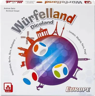 The image shows the box of the board game 'Würfelland Diceland Europe'.