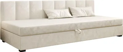 A beige sofa bed with two pillows on a white background.