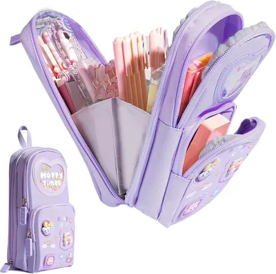 Produktbild von Federmäppchen, süß und modisch, 3 Fächer, 6 Taschen, lila, für Schule