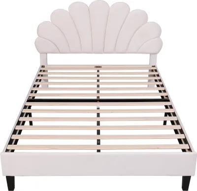 Produktbild von Merax Polsterbett 140x200cm mit Blumenform-Kopfteil und Lattenrost, höhenverstellbares Kopfteil, Samt Doppelbett Funktionsbett Kinderbett Jugendbett, Beige