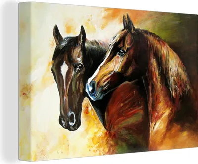Produktbild von OneMillionCanvasses® - Leinwandbilder - 140x90 cm, Malerei - Pferde - Tiere - Ölgemälde, Wandbilder Kunstdruck Wanddekoration - Foto auf Leinwand - Gemälde auf Holzrahmen