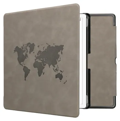 Produktbild von kwmobile Schutzhülle für Amazon Kindle Scribe (2024) Hülle - eReader Case aus Kunstleder mit Auto Sleep Funktion - Travel Umriss mit Grau