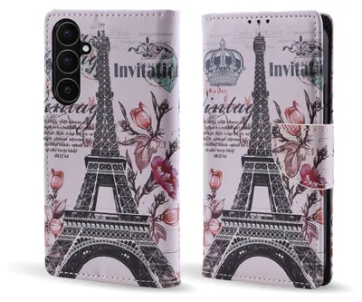 Produktbild von Handy Hülle für Samsung Galaxy A56 5G Klapphülle Bookcase Flip Cover Handy Tasche Etui Motiv: Eiffelturm Paris Blumen