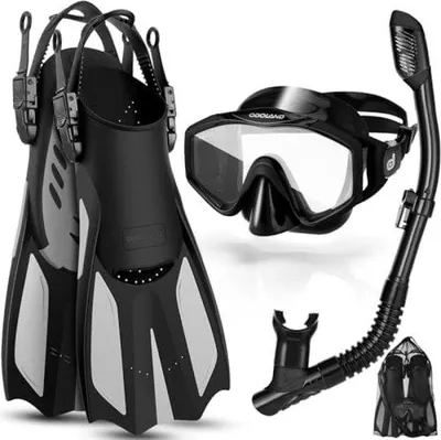Produktbild von Famanu Schnorchelset 3 in 1 - mit Tauchmaske - 180° Panoramablick - Schnorchel - Schwimmflossen - für Erwachsene und Jugendliche - L/XL