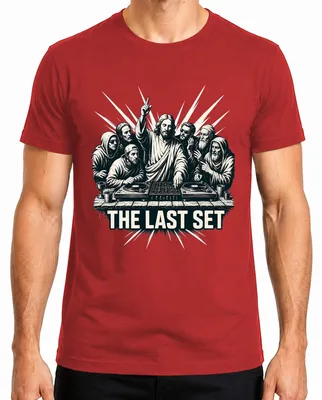 Produktbild von THE LAST SET Jesus DJ Abendmahl Techno Party Statement Sarkasmus Herren T-Shirt, Rot, XXL