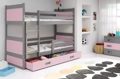 Produktbild von Kinderhochbett mit Stauraum und Matratzen 80x190 FERGUS – Graphit / Rosa