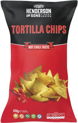 Image de Henderson and Sons Tortilla Chips Hot Chili Taste Chips de pommes de terre 450g