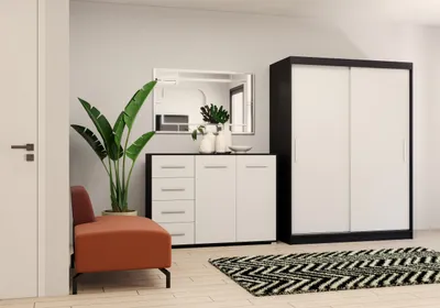Produktbild von 2er-Set Schwebetürenschrank Schrank Kleiderschrank ohne Spiegel  Schwarz/Weiß 150cm Vista 04 mit Kommode 135cm FRIDA 01