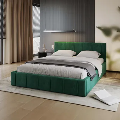 Produktbild von FDM Bett FLORIDA Trinity 160x200 cm Polsterbett mit Lattenrost aus Metall Bettkasten Stauraumbett Samt dunkelgrün
