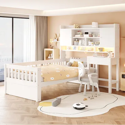 Image de Lit bébé 90x200 cm avec bureau, tiroirs, tête de lit avec espace de rangement comprenant des étagères et des placards, éclairage LED, prise électrique et barrières de sécurité sur trois côtés, blanc/gris