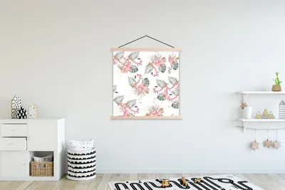 Produktbild von MuchoWow® Textilposter Flamingo - Blumen - Blätter - Muster 120x120 cm mit holzfarbenen Rahmen - Textil-Poster
