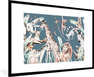 Produktbild von MuchoWow® MuchoWow® Gerahmtes Poster Wasserfarben - Dschungel - Tiere - Jungen - Blau - Kinder 90x60 cm - Poster mit zchwarzem Bilderrahmen - Wanddekoration - Fotos