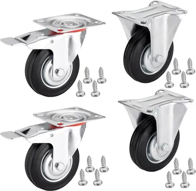 Produktbild von 4er Set Transportrollen RED Ø 100 mm (2 Bockrollen, 2 Lenkrollen mit Bremse) Höhe 127 mm, Anschraubplatte 100 x 82 mm, Traglast bis 360 kg