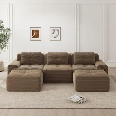 Produktbild von Modulares Cloud Sofa Braun, 3 Sitzer Cord Sofa, U Form Sofa mit Ottoman, Haustierfreundlich, Montagefrei, für Wohnzimmer, 293x177x69 cm